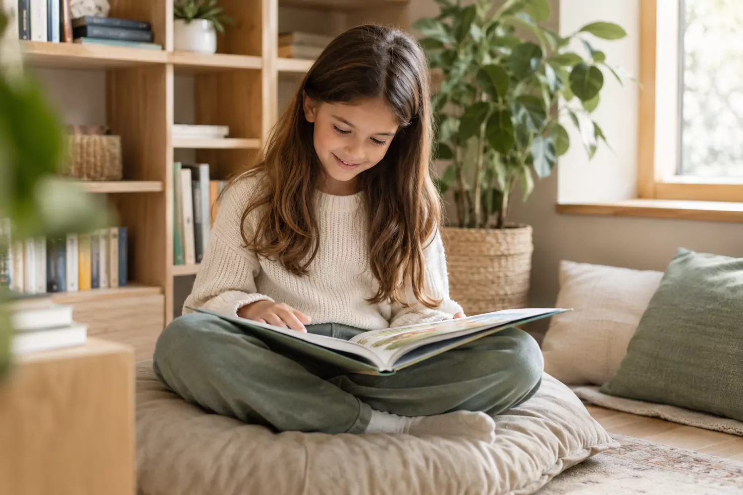 Enfant qui lit un livre avec plaisir : accompagner les difficultés scolaires avec la kinésiologie