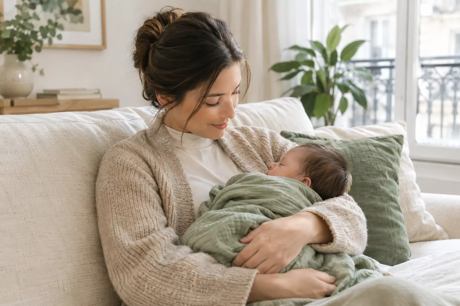 Jeune maman qui berce son nouveau-né : accompagnement périnatal et parentalité en kinésiologie