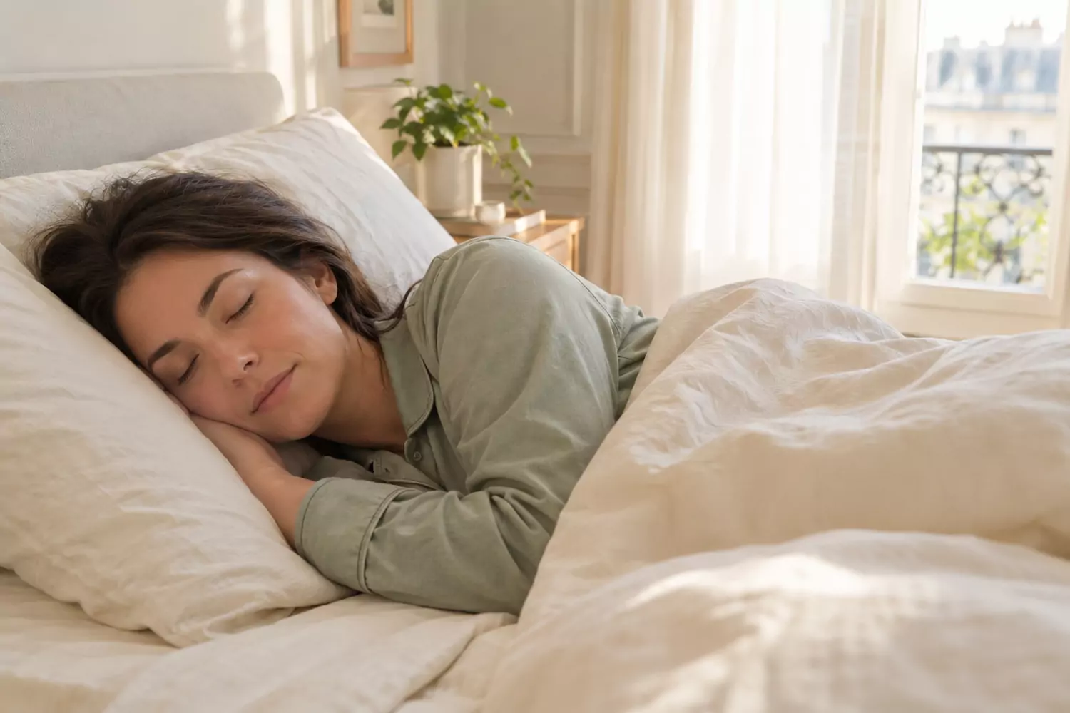 Femme qui dort paisiblement dans un lit aux draps de lin : retrouver un sommeil réparateur avec la kinésiologie