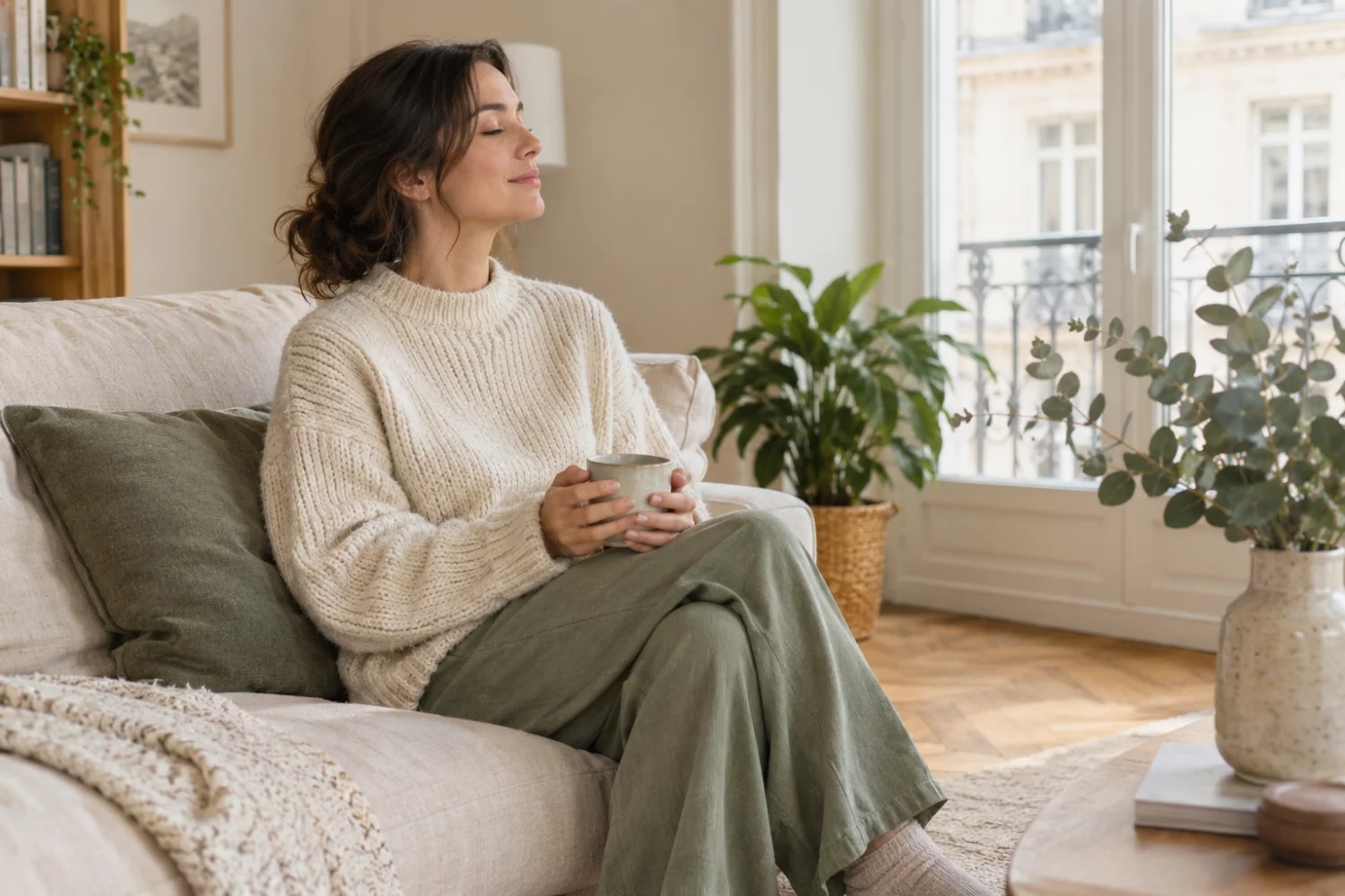 Femme en pull assise sur un canapé, les yeux fermés, une tasse de tisane à la main : apaiser le stress et les émotions avec la kinésiologie